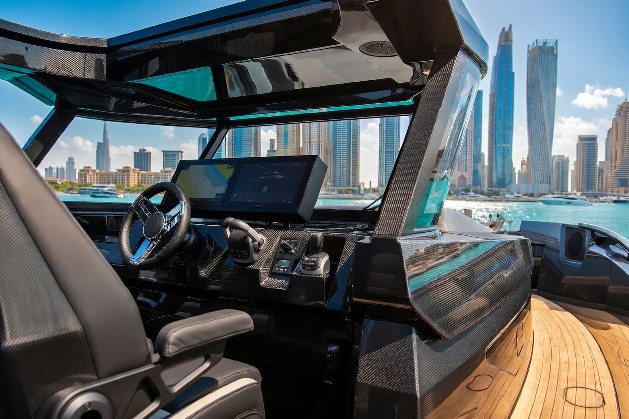Stratos DB50 cockpit met carbon details, skyline van Dubai op de achtergrond